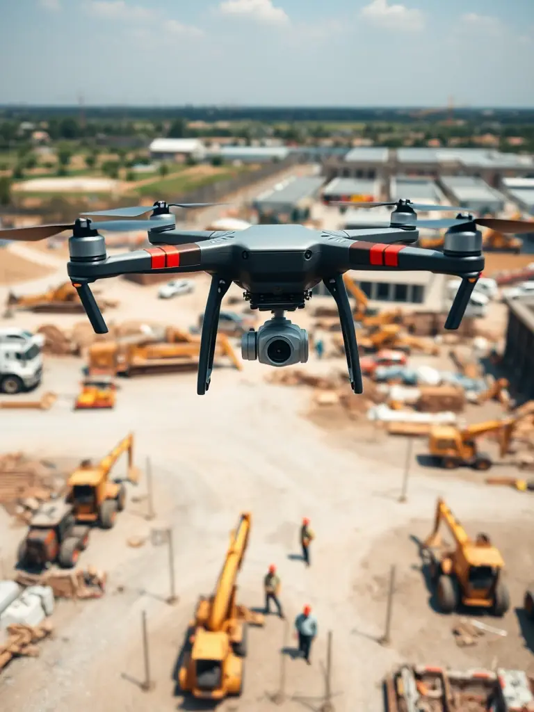 A drone surveying a construction site with heavy machinery and workers visible below, focusing on the precision and detail captured by the drone.
