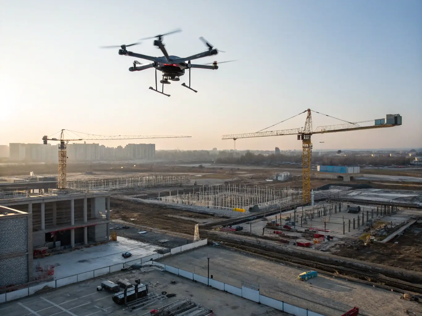 A high-resolution aerial image of a construction site being surveyed by a drone, showcasing the detailed data capture capabilities.