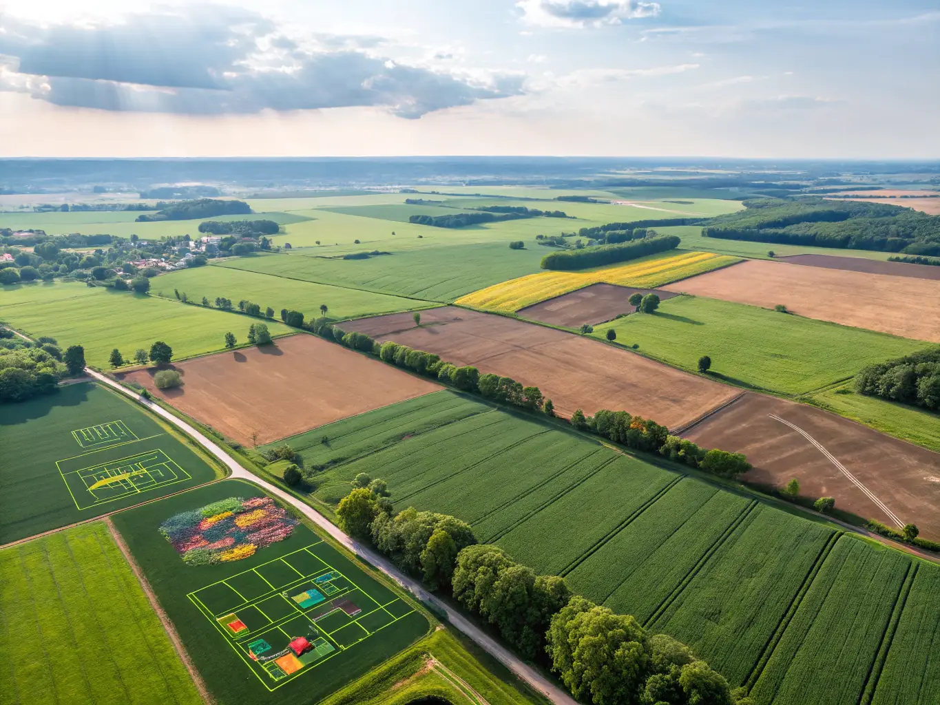 An aerial view of a large area being surveyed by a drone, emphasizing the efficiency and wide coverage of drone surveying.