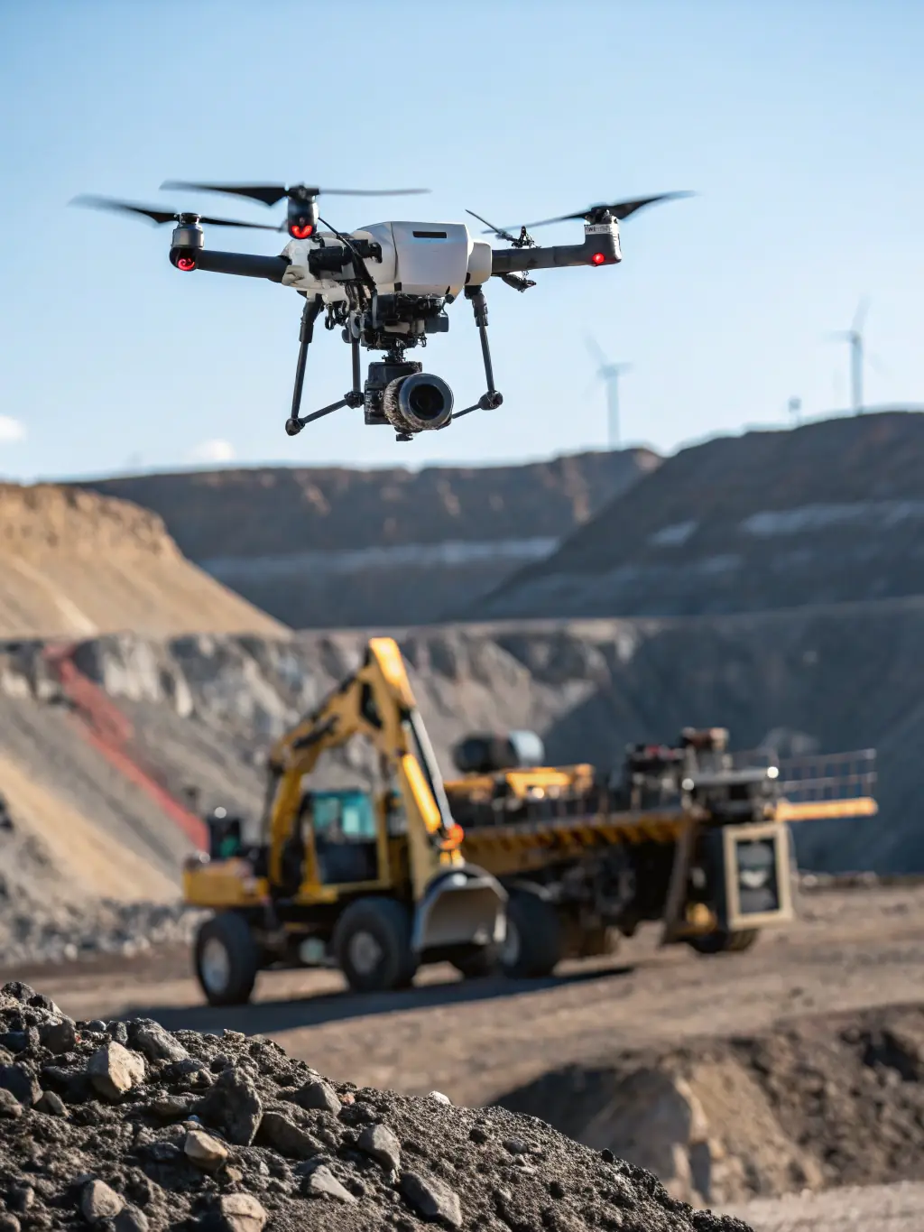 A drone surveying a mining site, showing the ability to measure volumes and track progress.