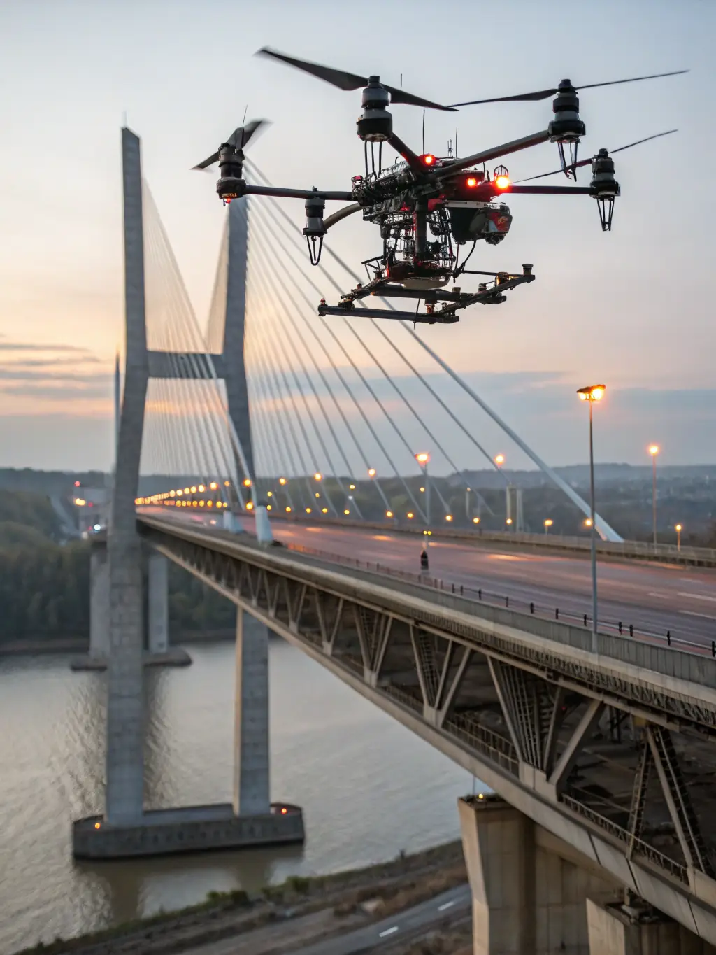 A drone inspecting a bridge, highlighting the ability to detect structural issues and ensure safety.