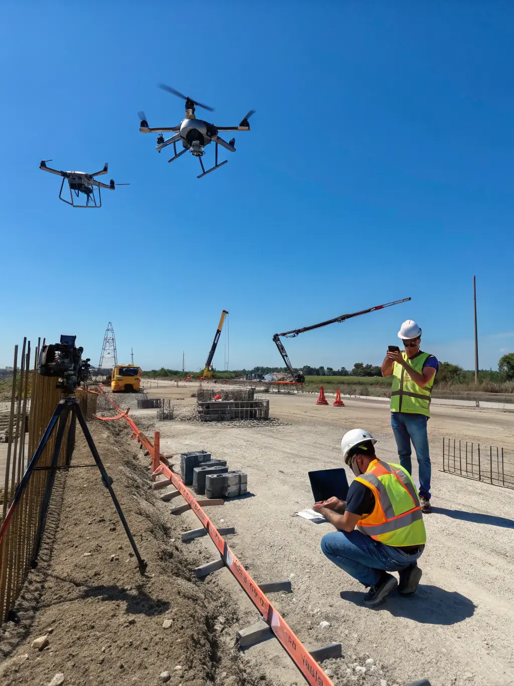 A drone capturing aerial images over a construction site, showcasing the initial data collection phase for photogrammetry, emphasizing the high-resolution imagery.