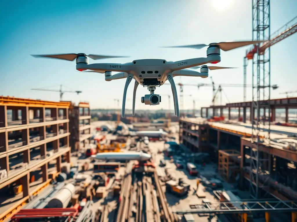 An image of a drone flying over a construction site, capturing data with a city skyline in the background, representing AERIS's drone surveying capabilities.