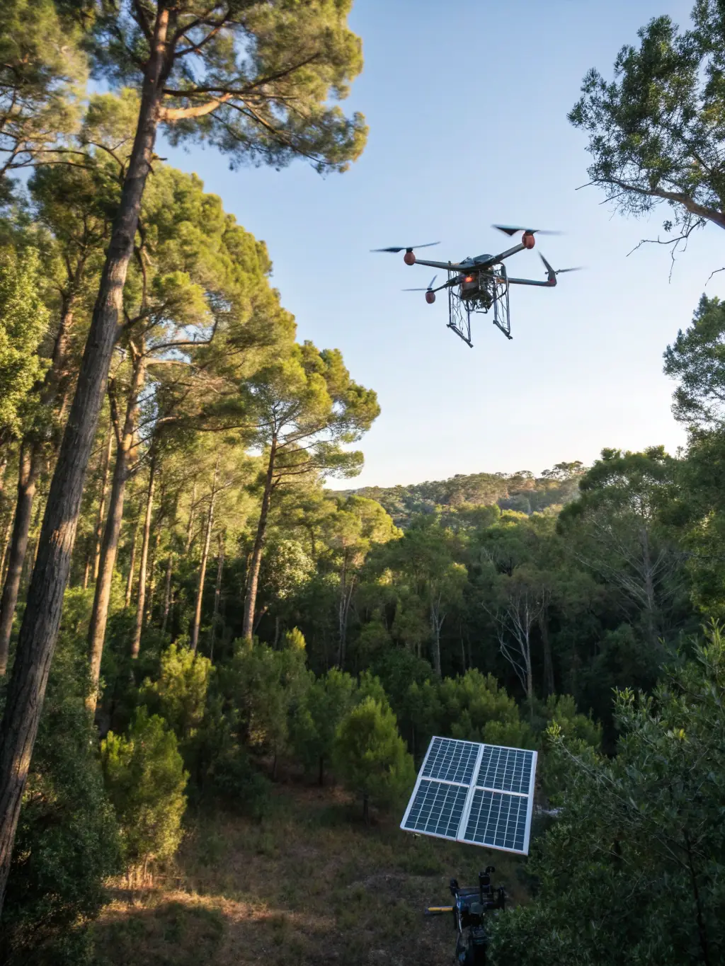 A drone flying over a forest, capturing data for environmental monitoring and conservation efforts.