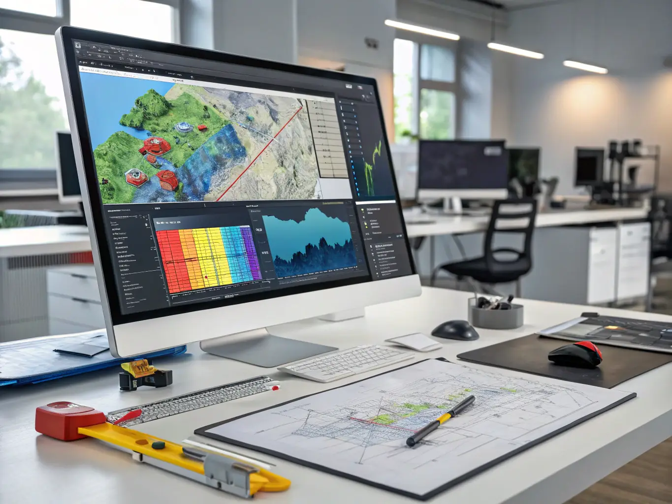 A computer screen displaying a detailed 3D model generated from drone imagery, showcasing AERIS's photogrammetry service.